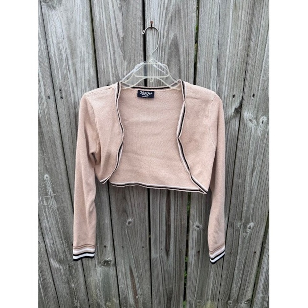 Preppy Balletcore Jolie & Joy Cropped Bolero Shrug M Tan Striped Trim J9P0264S